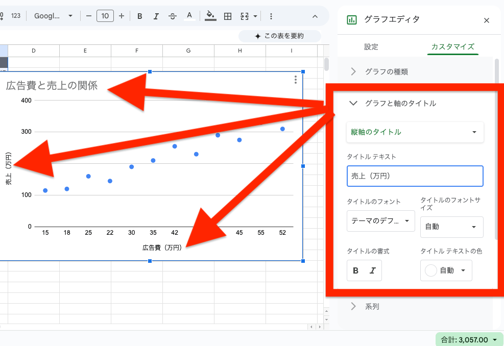散布図のグラフタイトルと軸ラベルの編集画面